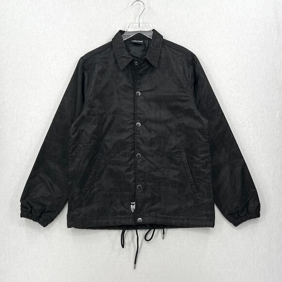 THE HUNDREDS Graphic Windbreaker Jacket Mens Medium Black Mesh Overlay Snap NEW - Picture 1 of 16